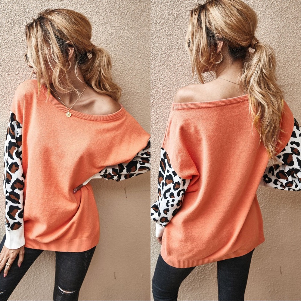 🍁🆕 Animal Print Sleeve Sweater Coral